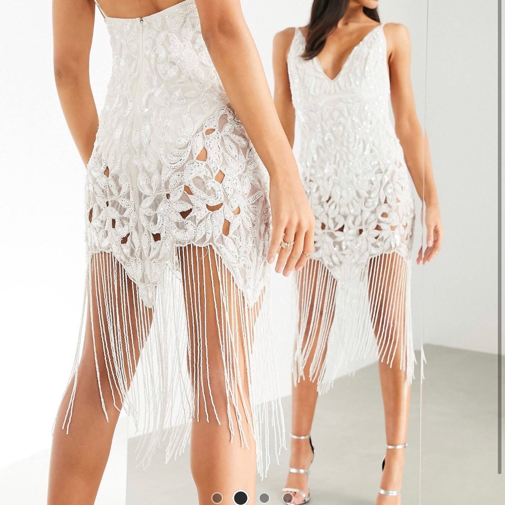 white sequin cut out cami dress with fringe
